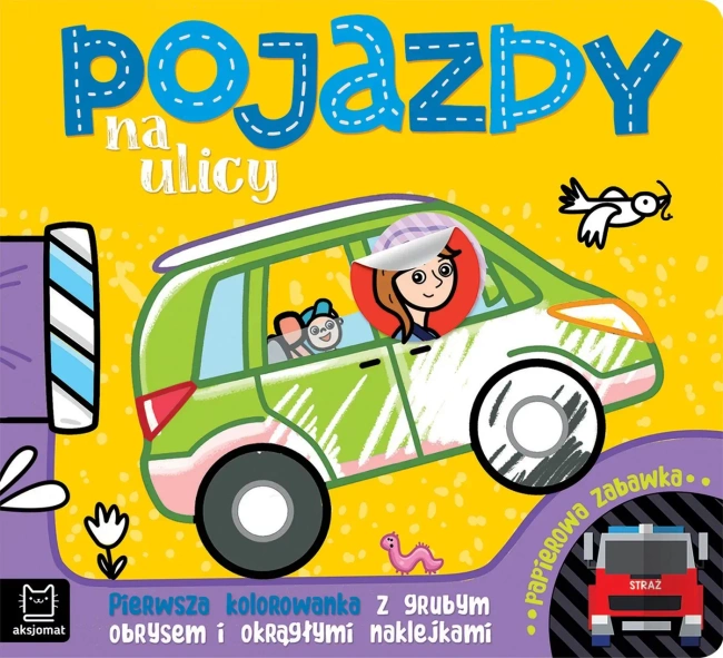 Pojazdy na ulicy. Pierwsza kolorowanka z grubym obrysem i okrągłymi naklejkami. Papierowa zabawka