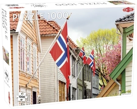Puzzle 1000 Around the World. Northern Stars Street in Bergen with Norwegian Flags