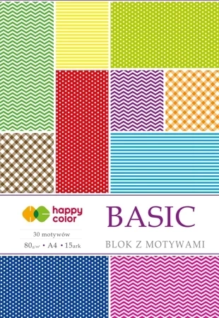 Blok Happy Color z motywami BASIC A4 15 arkuszy 80g/m2, 30 motywów