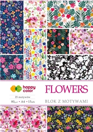 Blok Happy Color z motywami FLOWERS A4 15 arkuszy 80g/m2, 25 motywów