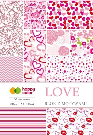 Blok Happy Color z motywami LOVE A4 15 arkuszy 80g/m2, 30 motywów