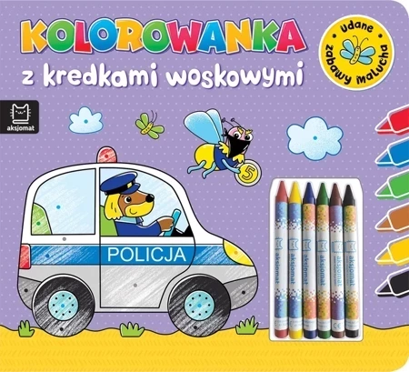 Kolorowanka z kredkami woskowymi. Udane zabawy malucha. Książeczka fioletowa