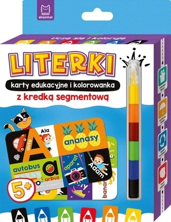 Literki. Karty edukacyjne i kolorowanka z kredką segmentową. Uczę się i koloruję 5+