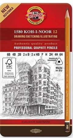 Ołówek grafitowy Triograph Koh-i-Noor 6B,4B,2B,2xB,2xHB,F,2H,4H,6H komplet 12 sztuk 1582