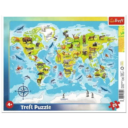 Puzzle 25 ramkowe Mapa Świata ze zwierzętami 31340