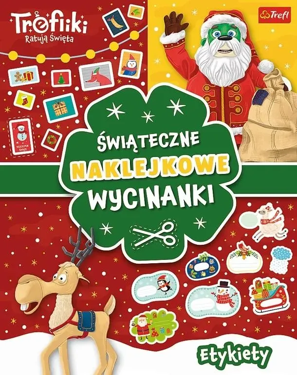 Etykiety. Trefliki ratują święta. Świąteczne naklejkowe wycinanki