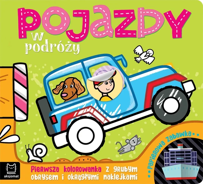 Pojazdy w podróży. Pierwsza kolorowanka z grubym obrysem i okrągłymi naklejkami. Papierowa zabawka